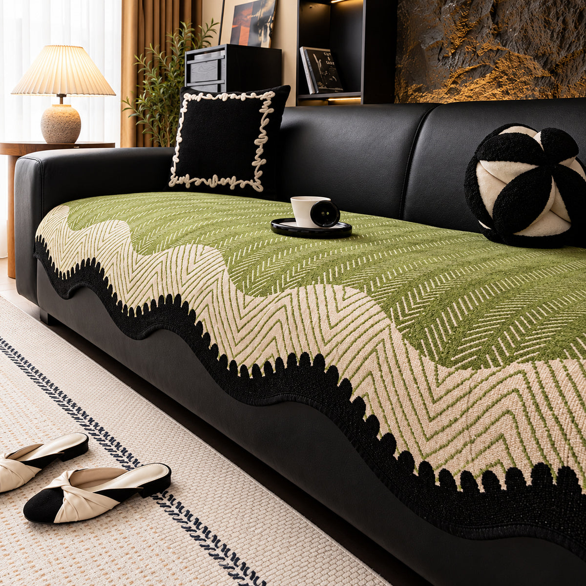 Chenille Sofa Cover with Scalloped Edge | Non-Slip & Machine Washable