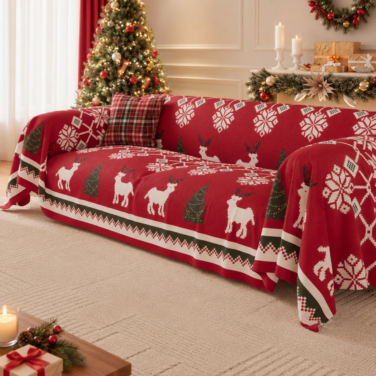 Christmas Sofa Throw | Washable Linen Sofa Cover | Reindeer Pattern