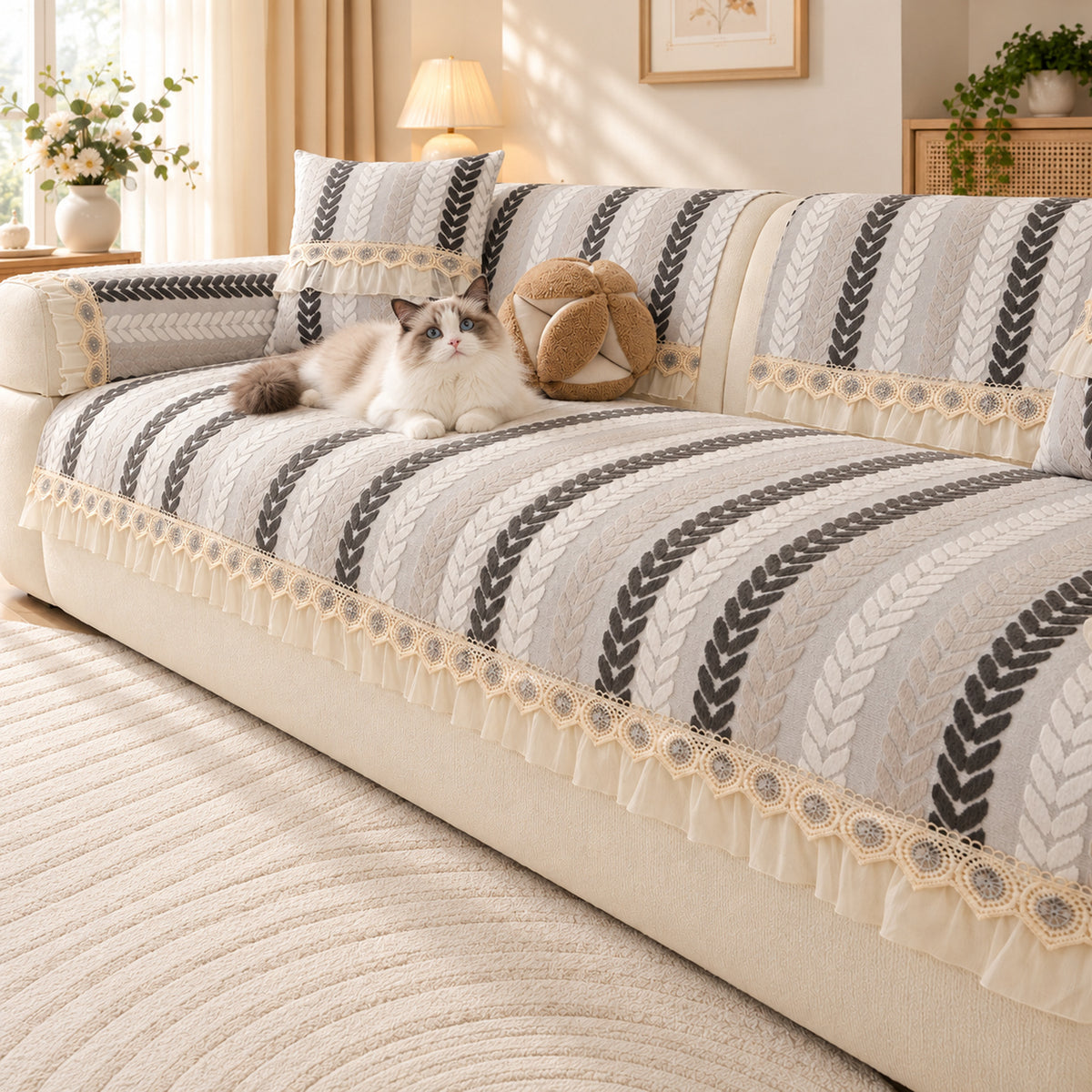 Non-Slip Sofa Cover | Wheat Leaf Chenille Design | Machine Washable & Scratch-Resistant