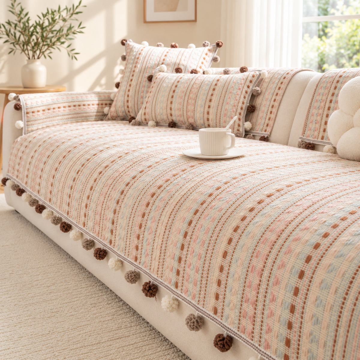 Striped Chenille Sofa Cover | Non-Slip Sofa Protector | Scratch-Resistant