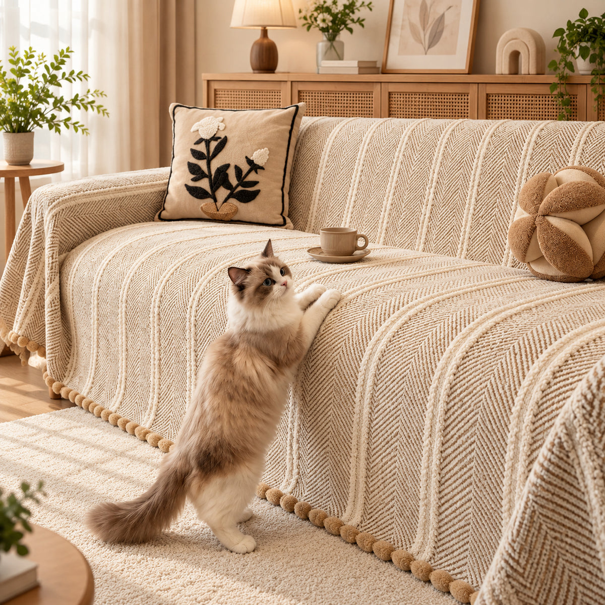Sofa Cover | Machine-Washable Sofa Throw | Herringbone Chenille | Cat-Scratch Resistant