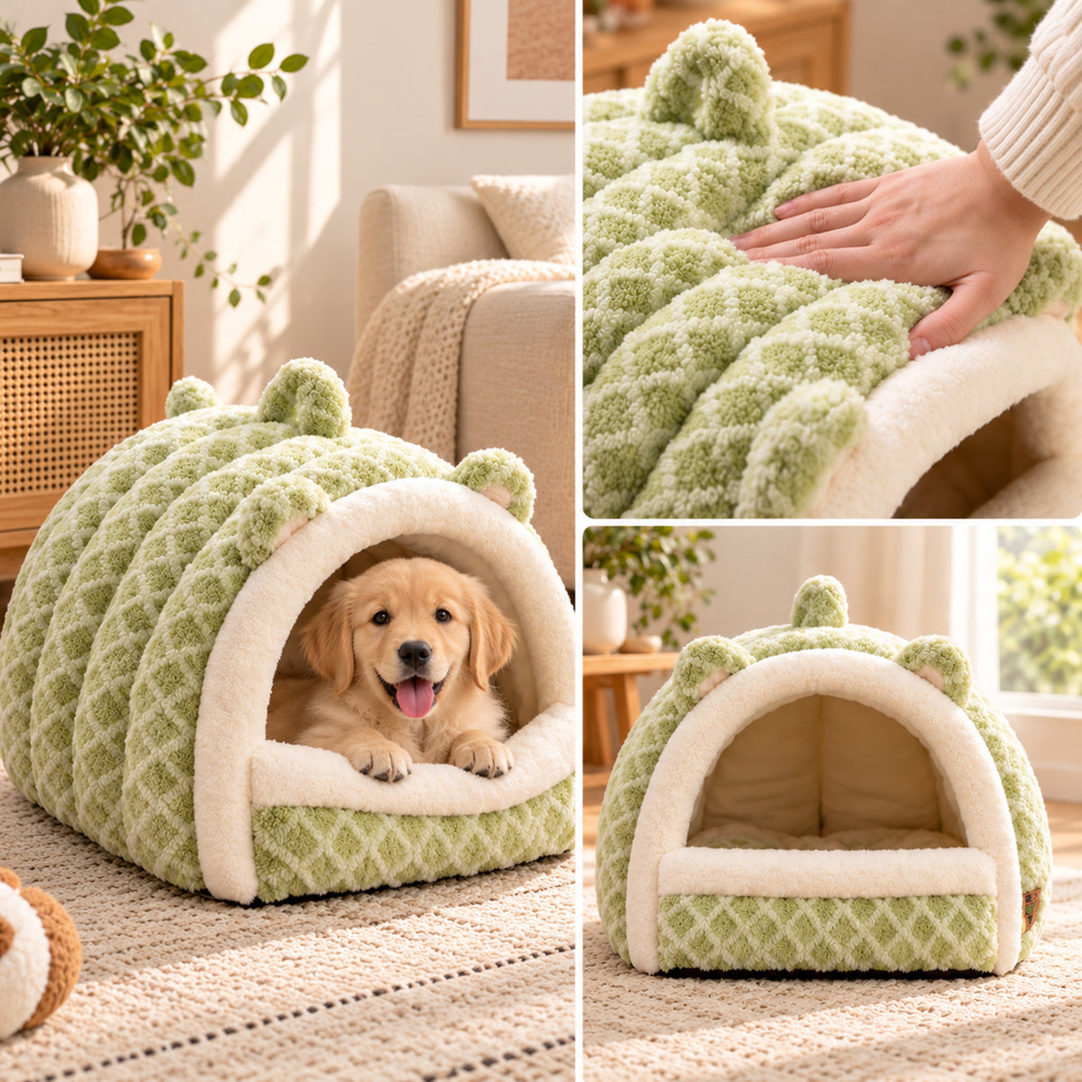 Dog Bed & Cat Bed | Warm Fleece Cave with Fold-Down Front
