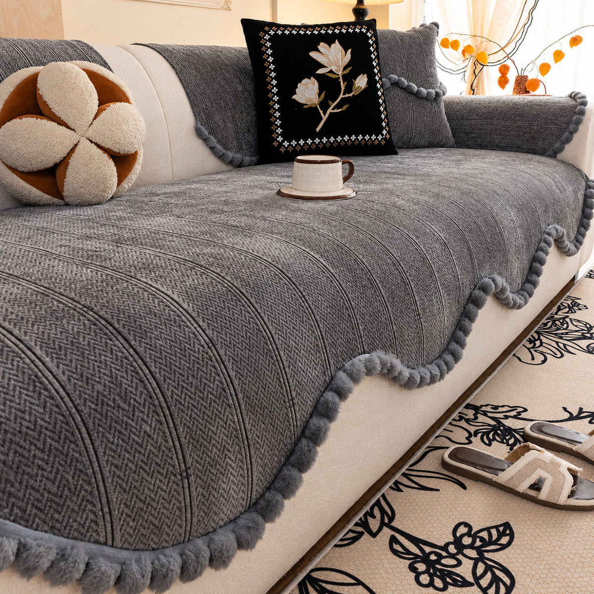 Chenille Sofa Cover with Pom-Pom Trim | Non-Slip & Machine Washable