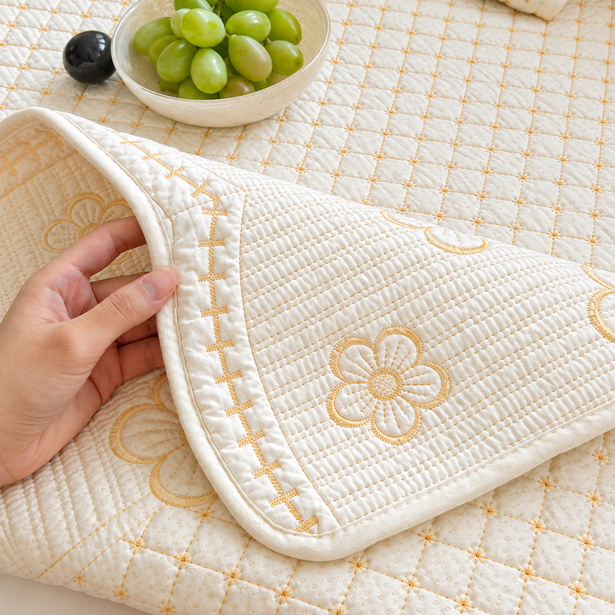 Scalloped Floral Cotton Sofa Cover | Non-Slip & Machine Washable