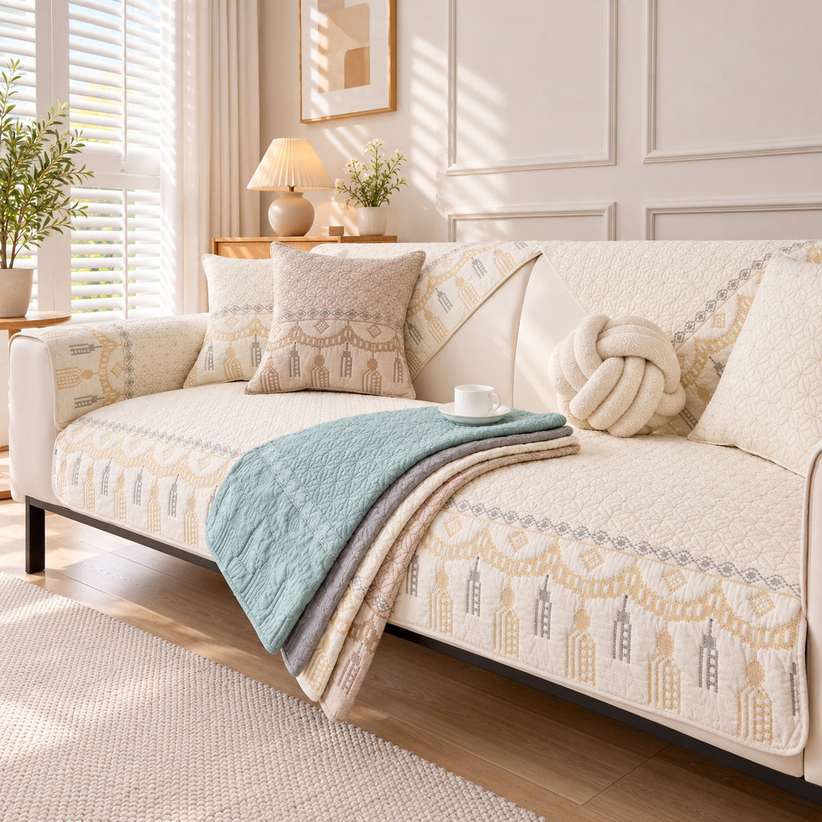 Embroidered Cotton Sofa Cover | Non-Slip Sofa Protector | Machine Washable