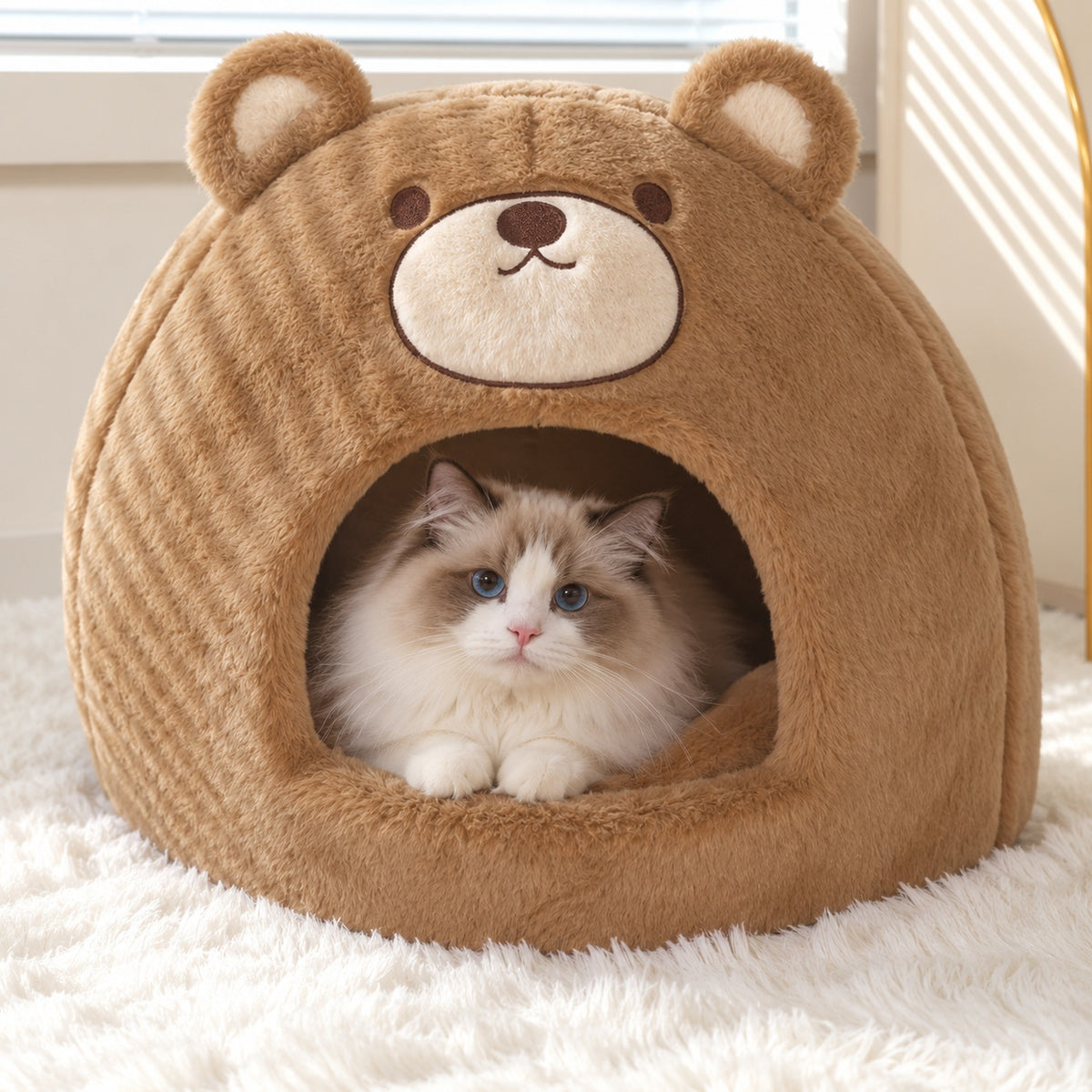 Dog Bed & Cat Bed | Bear-Shaped Plush Cave for Cats & Small Dogs | Warm & Washable