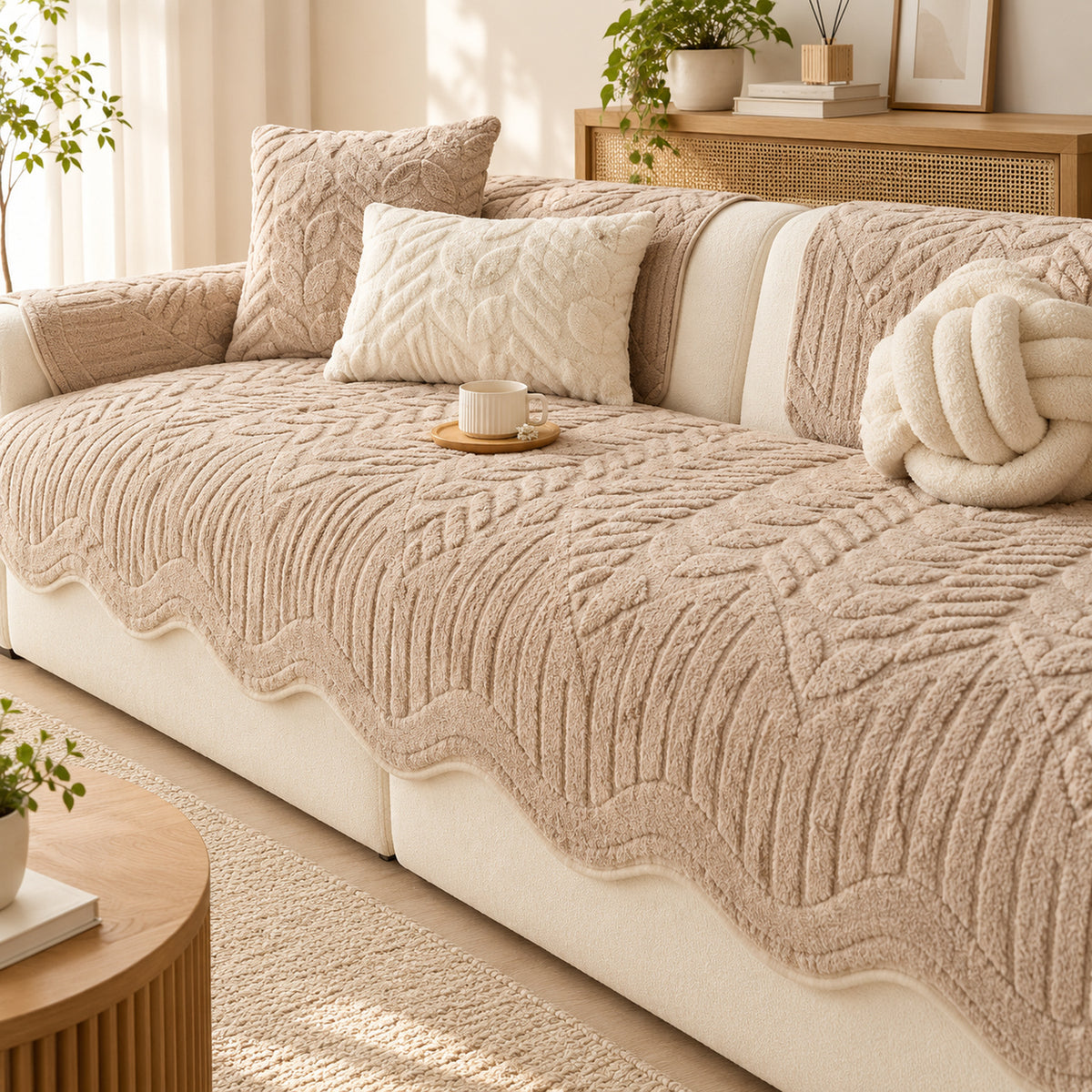 Leaf-Pattern Soft Fleece Sofa Cover | Non-Slip & Machine Washable