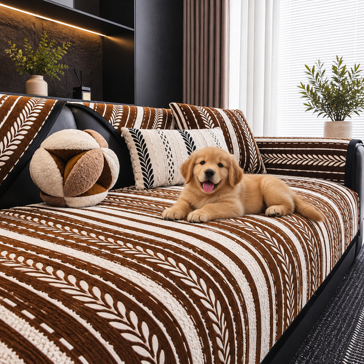 Botanical Stripe Chenille Sofa Cover | Non-Slip, Machine Washable