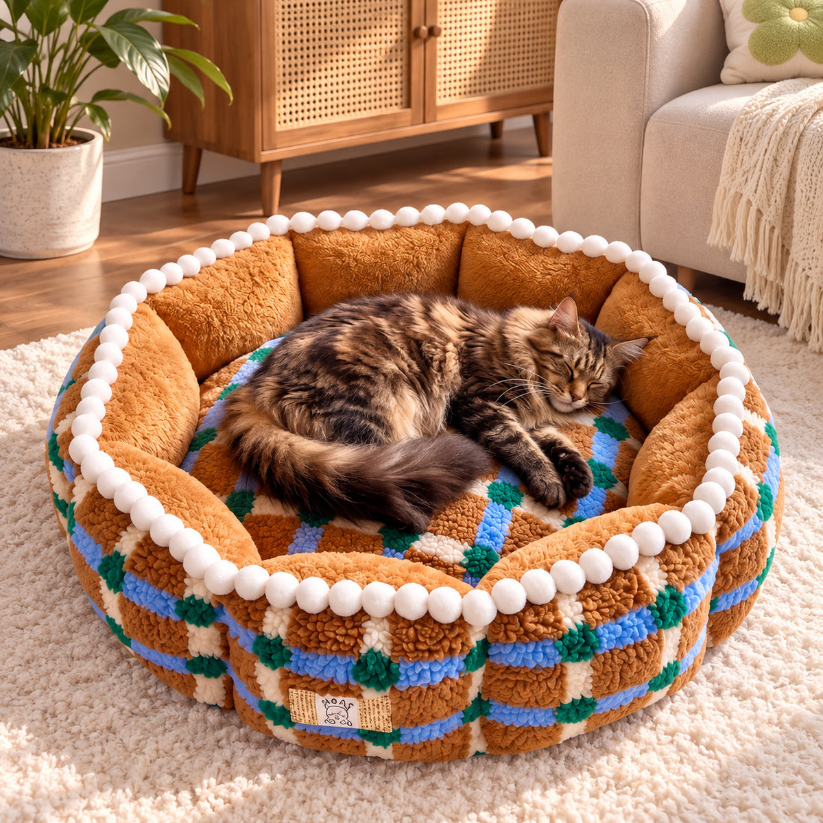 Cat & Dog Bed | Warm Double-Sided Pom-Pom Bed with Removable, Washable Pad
