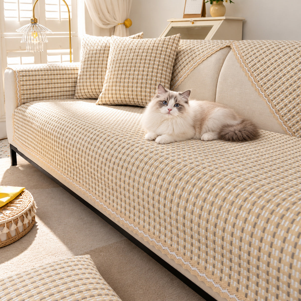 Cotton & Linen Lattice Sofa Cover | Non-Slip Washable | Sofa Protector