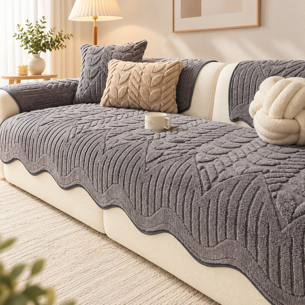 Leaf-Pattern Soft Fleece Sofa Cover | Non-Slip & Machine Washable