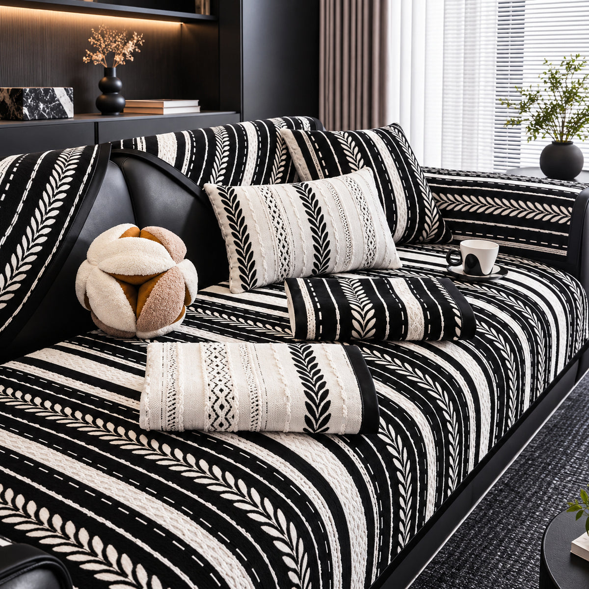 Botanical Stripe Chenille Sofa Cover | Non-Slip, Machine Washable