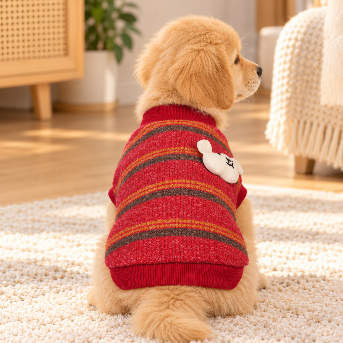Dog Jumper with Bear Patch | Cosy Striped Winter Sweater