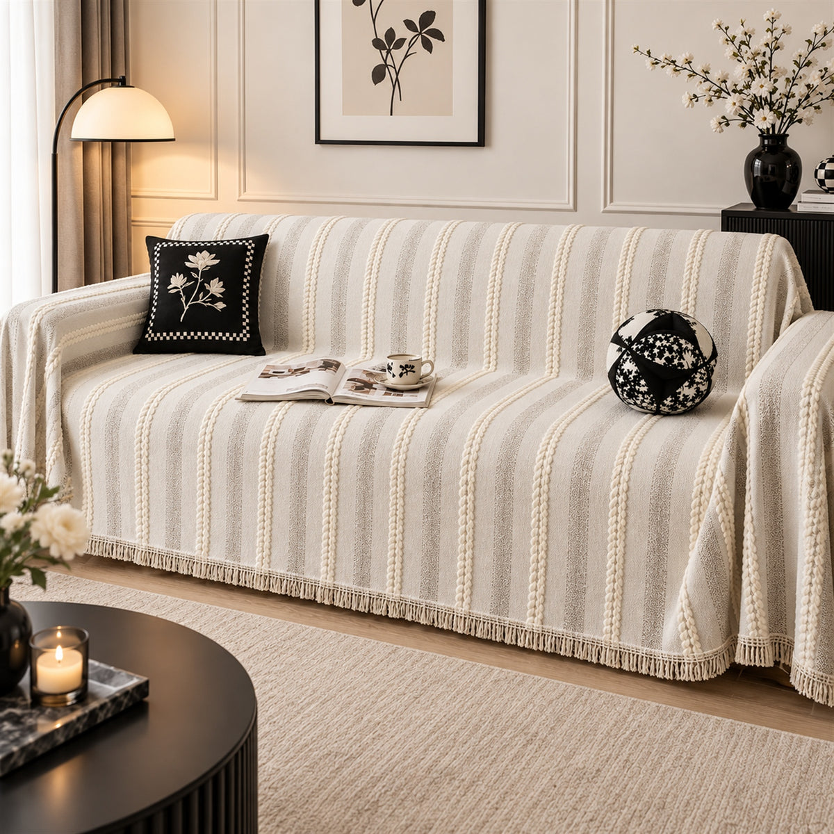 Sofa Cover & Chenille Sofa Throw | Cable Stripe | Washable | For All Seasons
