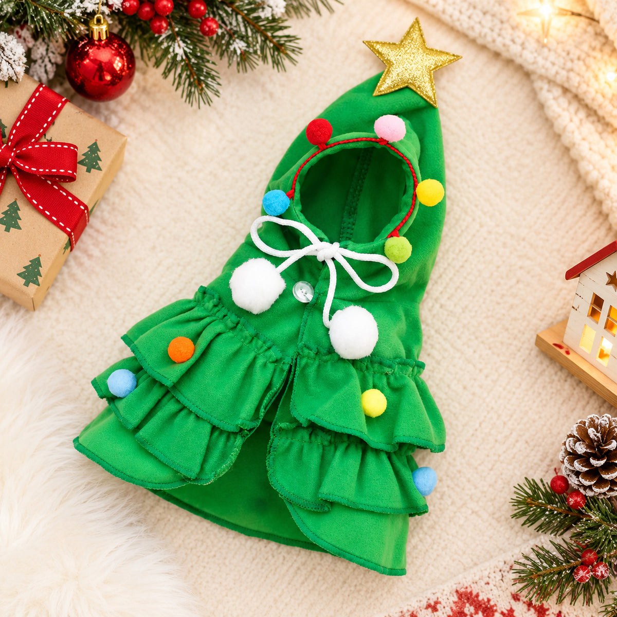 Christmas Dog Outfit | Hooded Christmas Tree Cape for Dogs & Cats