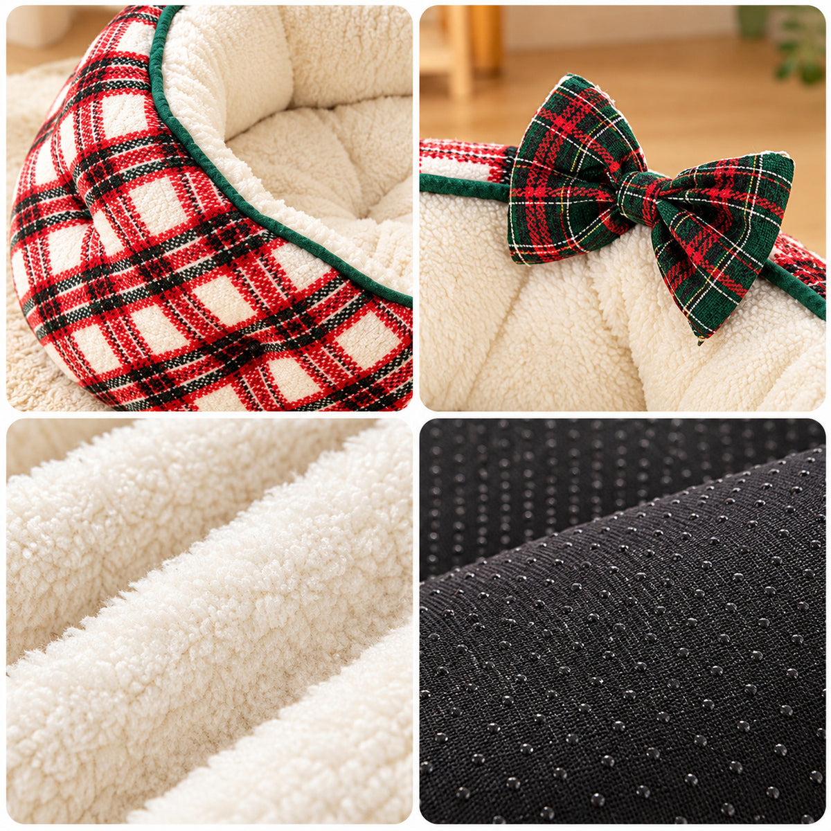 Dog Bed & Cat Bed | Round Checked Flannel with Non-Slip Base