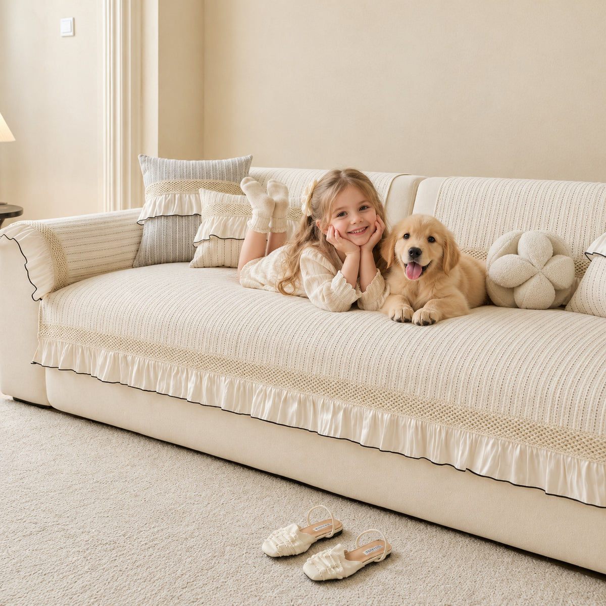 Chenille Scalloped-Edge Sofa Cover | Non-Slip Sofa Protector | Machine Washable