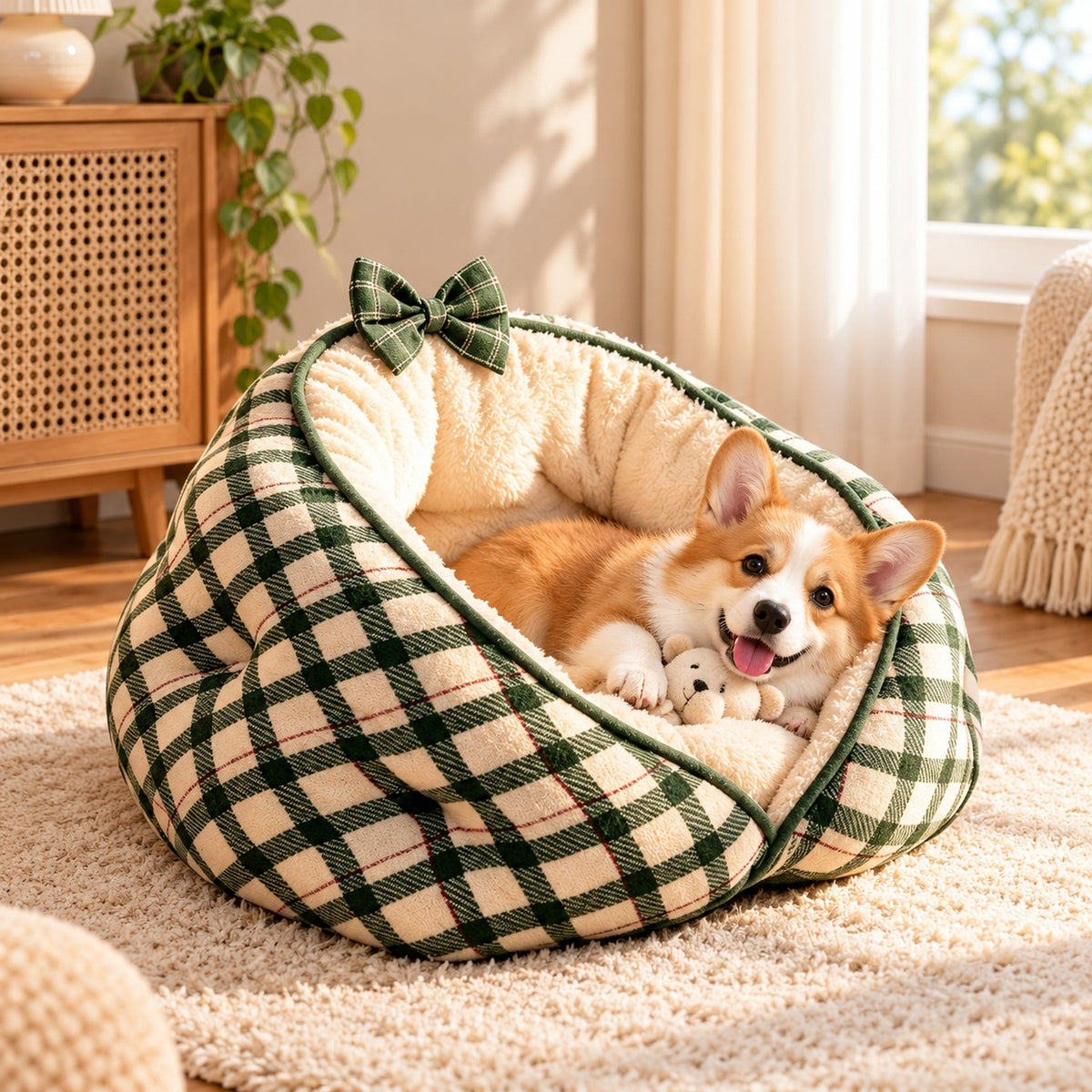 Dog Bed & Cat Bed | Round Checked Flannel with Non-Slip Base