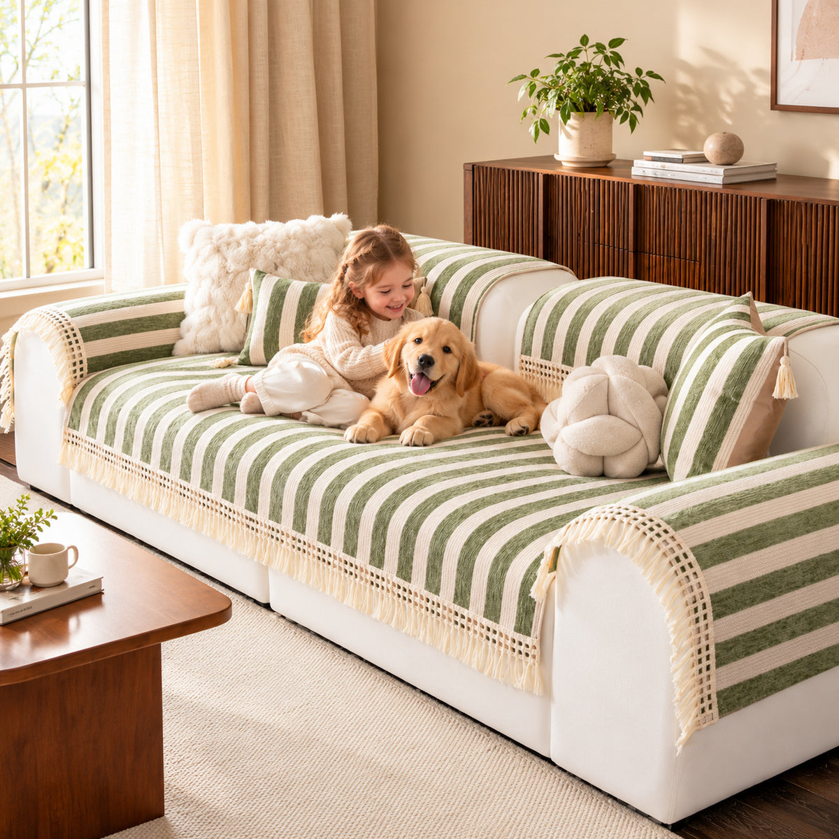 Chenille Sofa Cover | Non-Slip & Machine-Washable | Sofa Protector with Stripes and Fringe