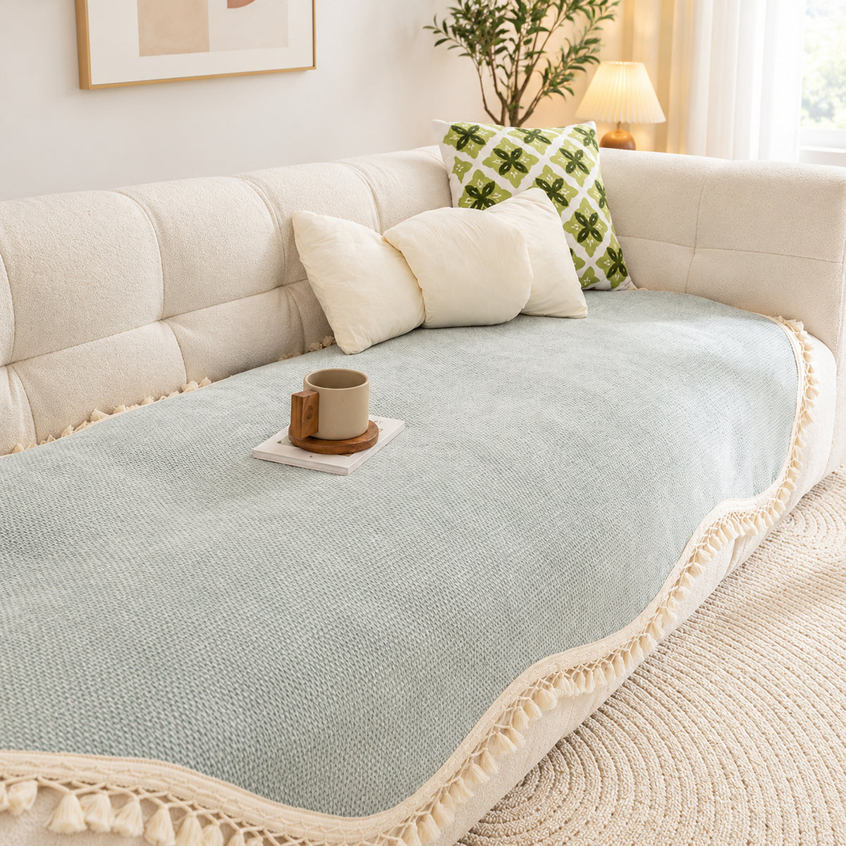 Chenille Sofa Cover | Non-Slip Washable | Sofa Protector with Tassels