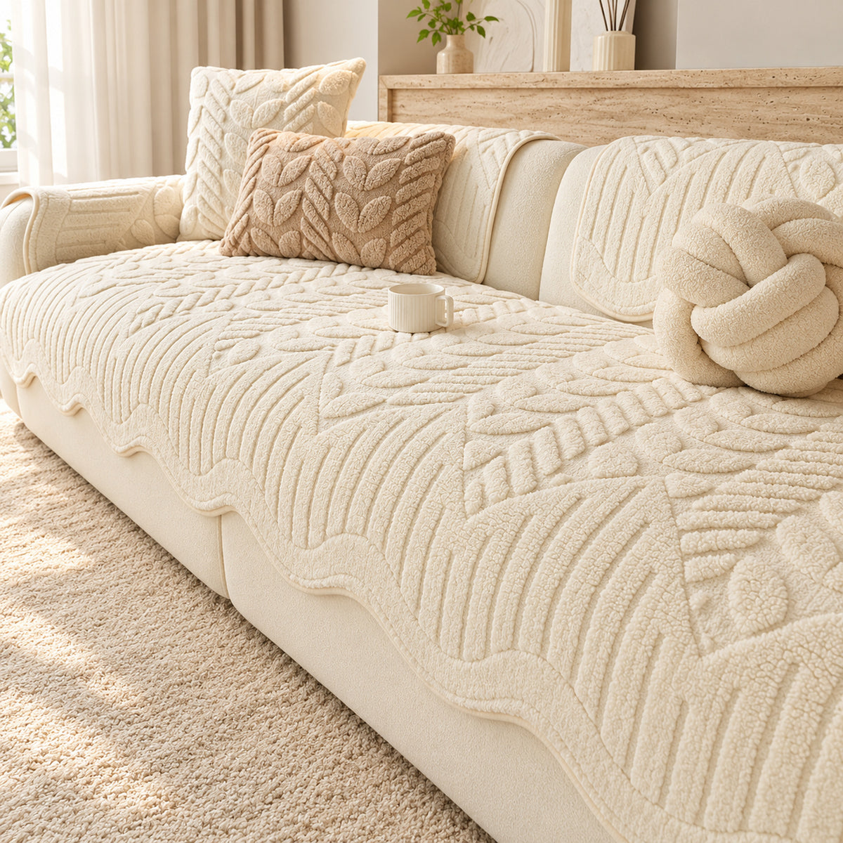 Leaf-Pattern Soft Fleece Sofa Cover | Non-Slip & Machine Washable