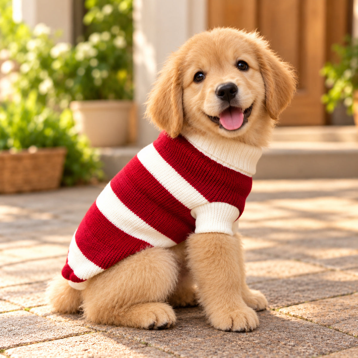 Red & White Striped Dog Jumper | Soft Acrylic Knit for Winter