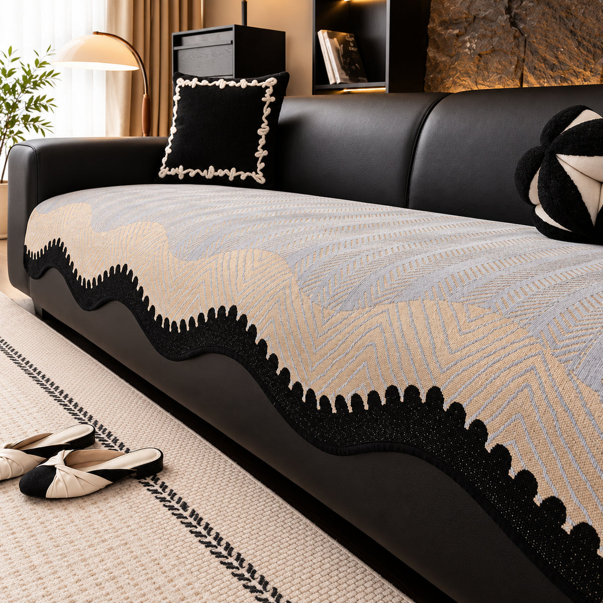 Chenille Sofa Cover with Scalloped Edge | Non-Slip & Machine Washable