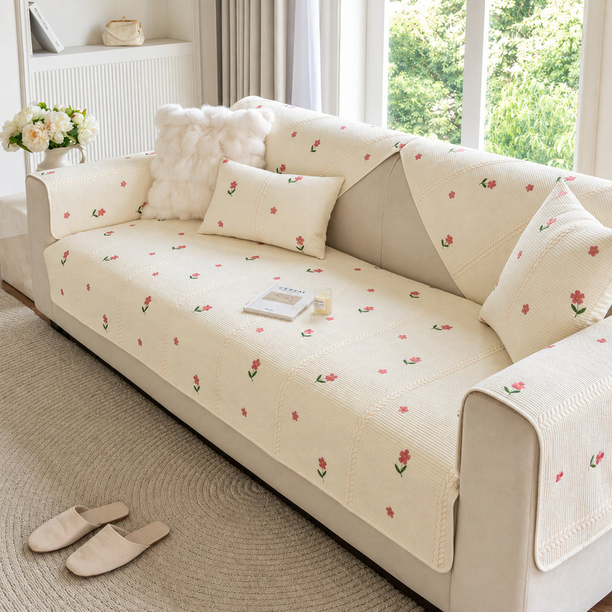 Floral Cotton Sofa Cover | Non-Slip Washable | Sofa Protector