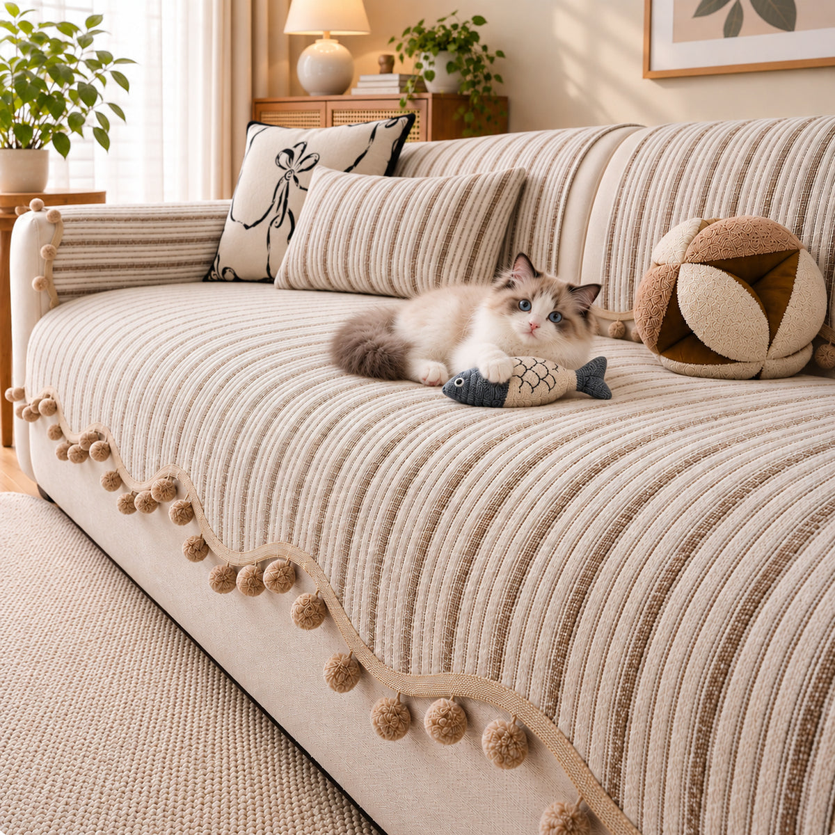 Striped Chenille Sofa Cover | Cat-Scratch-Resistant Sofa Protector | Washable & Non-Slip