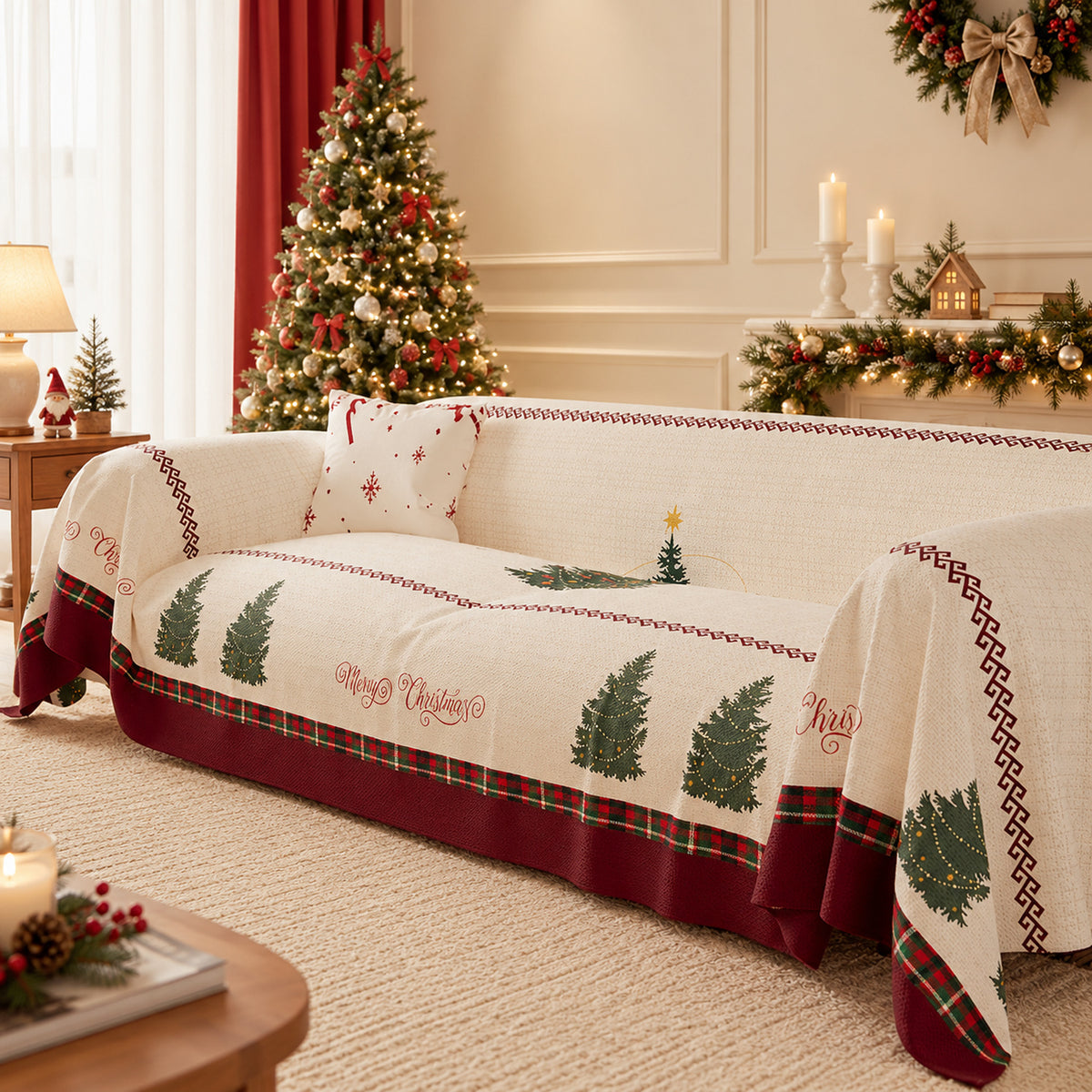 Christmas Sofa Throw | Washable Linen Sofa Cover with Christmas Tree Pattern