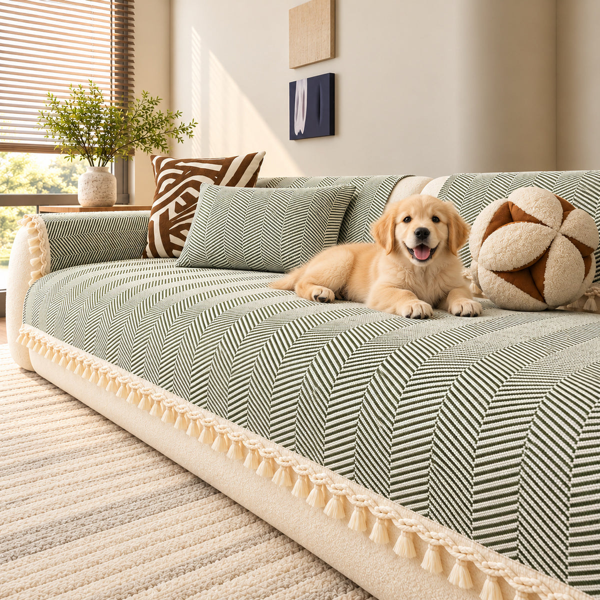 Chevron Cotton-Linen Sofa Cover | Non-Slip Sofa Protector with Tassels