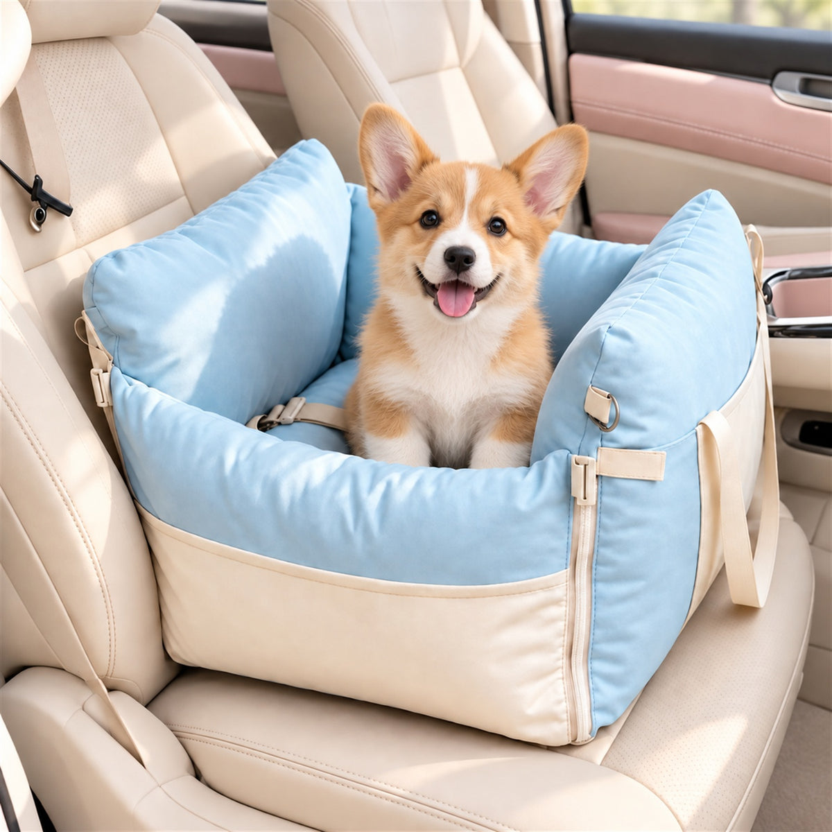 Pet Car Seat & Bed with Side Pockets & Washable Covers
