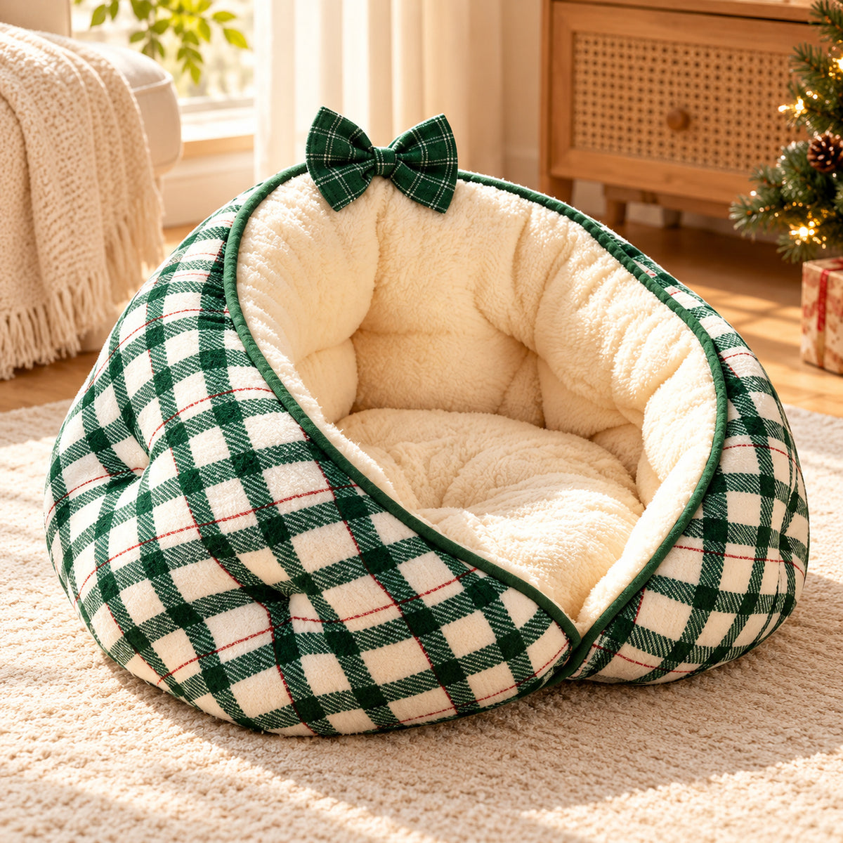 Dog Bed & Cat Bed | Round Checked Flannel with Non-Slip Base
