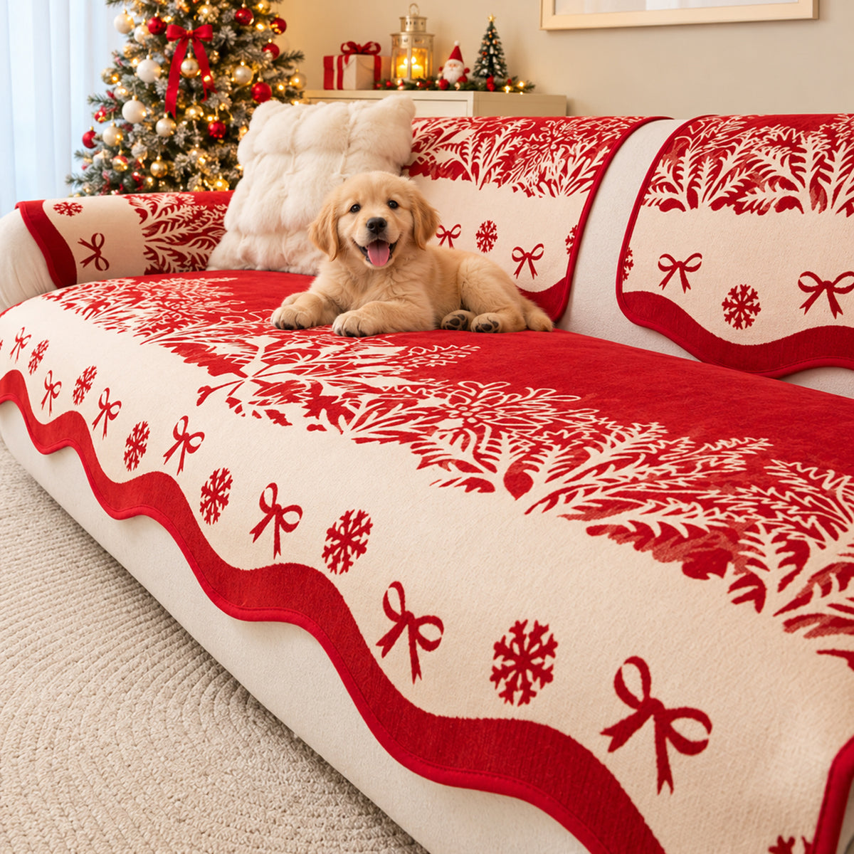 Christmas Sofa Cover | Bow & Snowflake Chenille | Non-Slip & Machine Washable