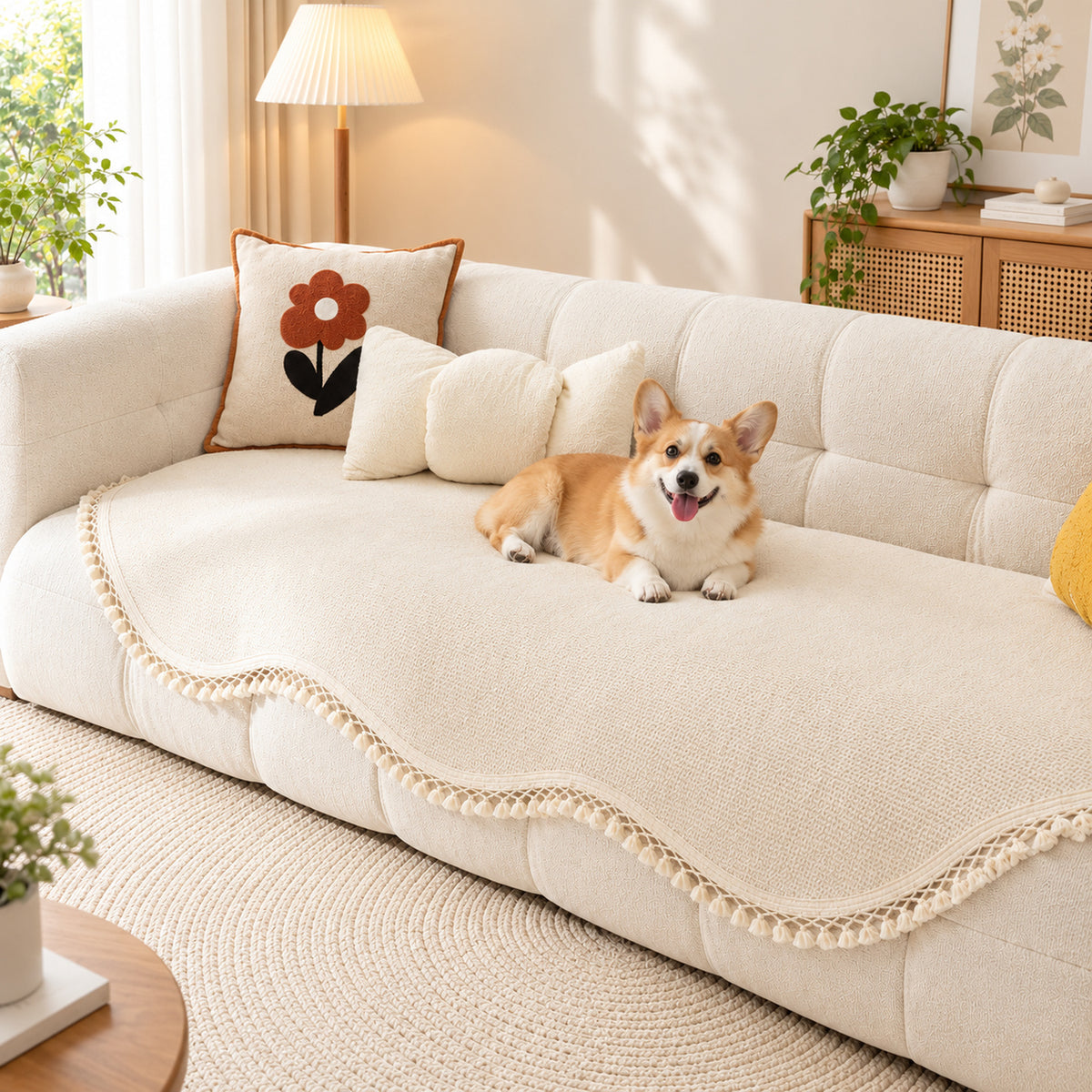 Chenille Sofa Cover | Non-Slip Washable | Sofa Protector with Tassels