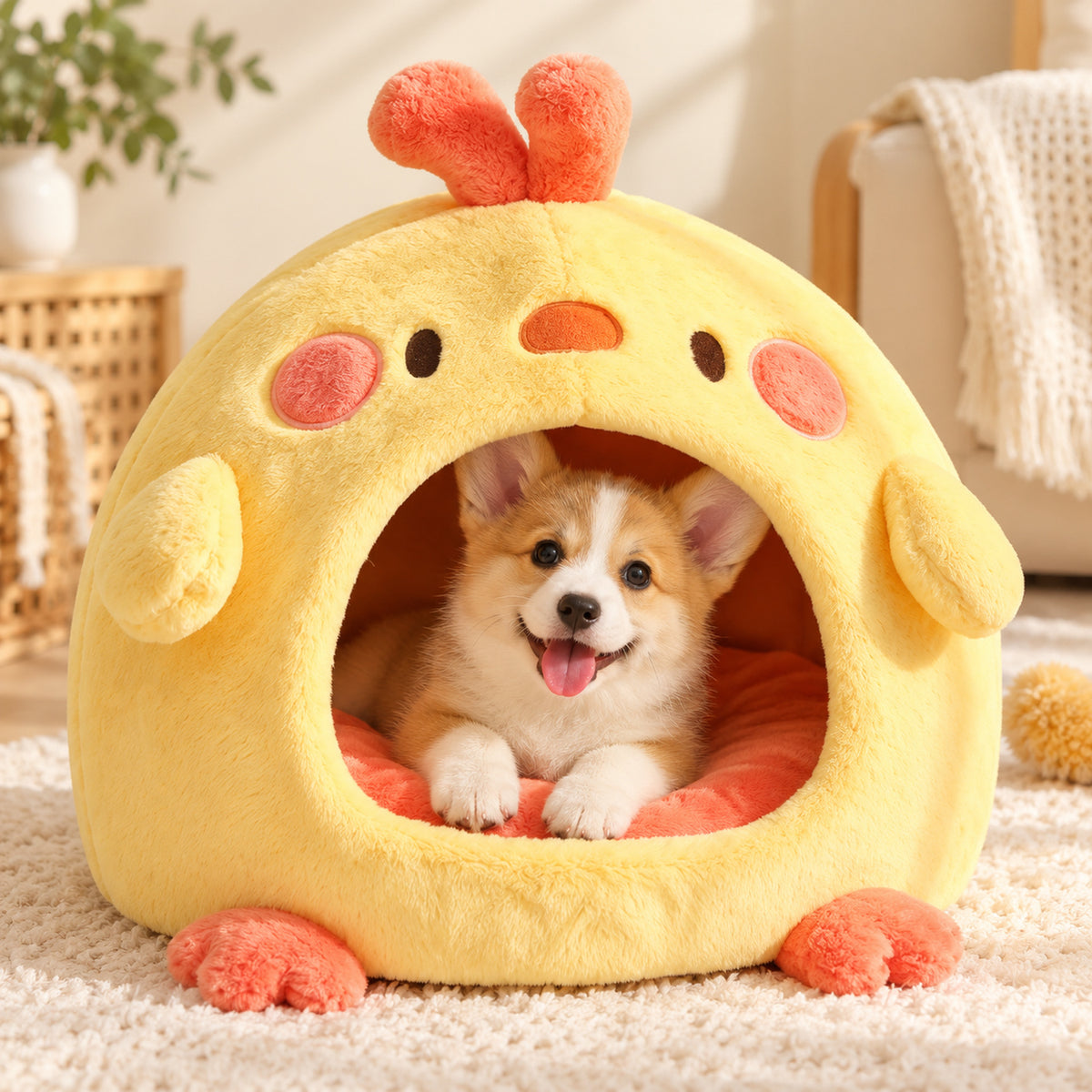 Chick-Shaped Cat Bed & Small Dog Bed | Washable Plush, Non-Slip Base