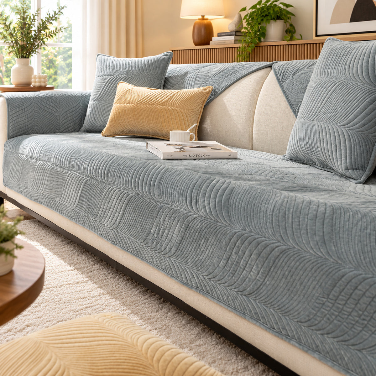 Plush Sofa Cover with Wavy Stitching | Non-Slip & Machine Washable
