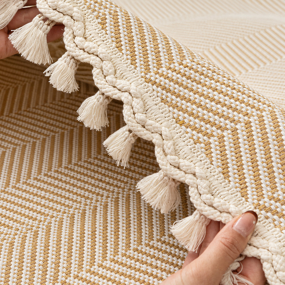 Chevron Cotton-Linen Sofa Cover | Non-Slip Sofa Protector with Tassels