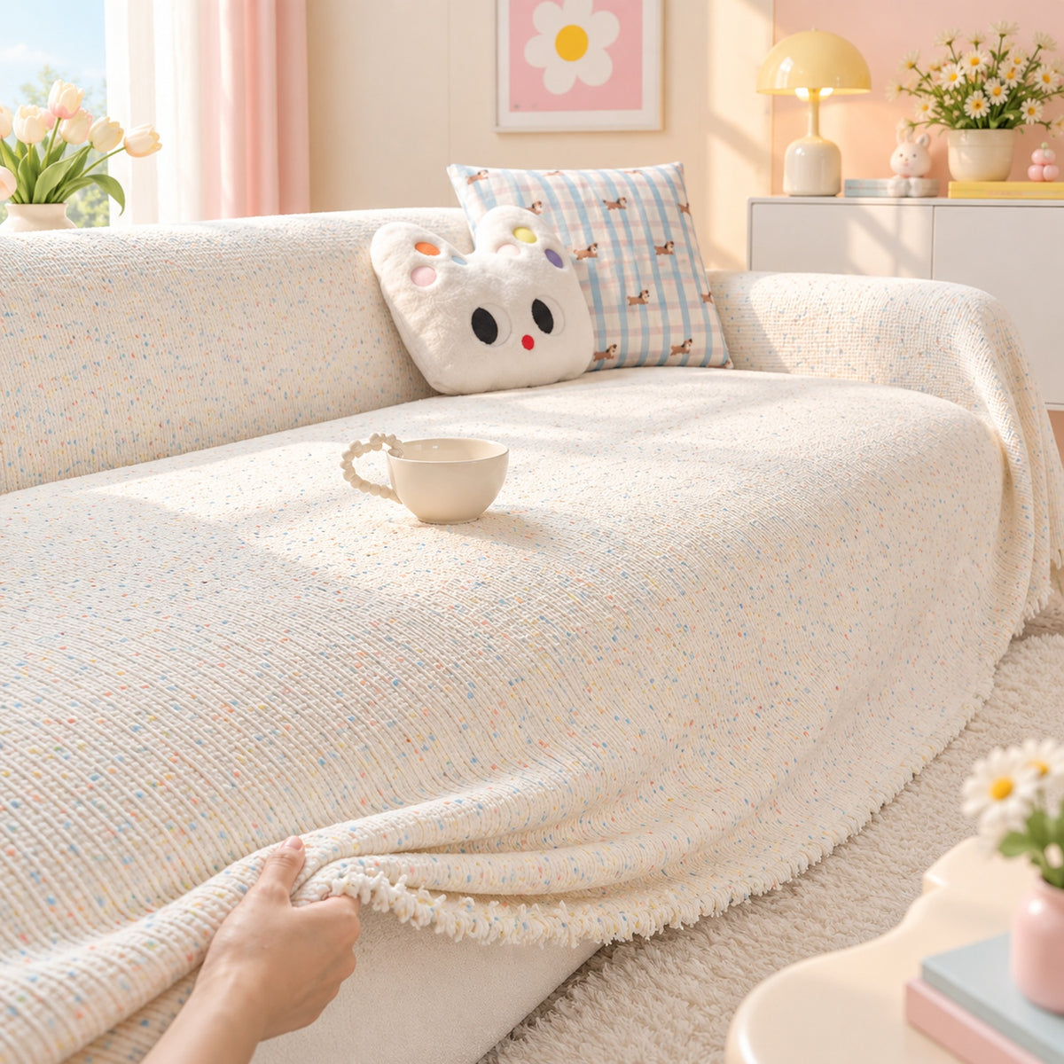 Pastel Colour Chenille Sofa Cover | Non-Slip & Machine-Washable