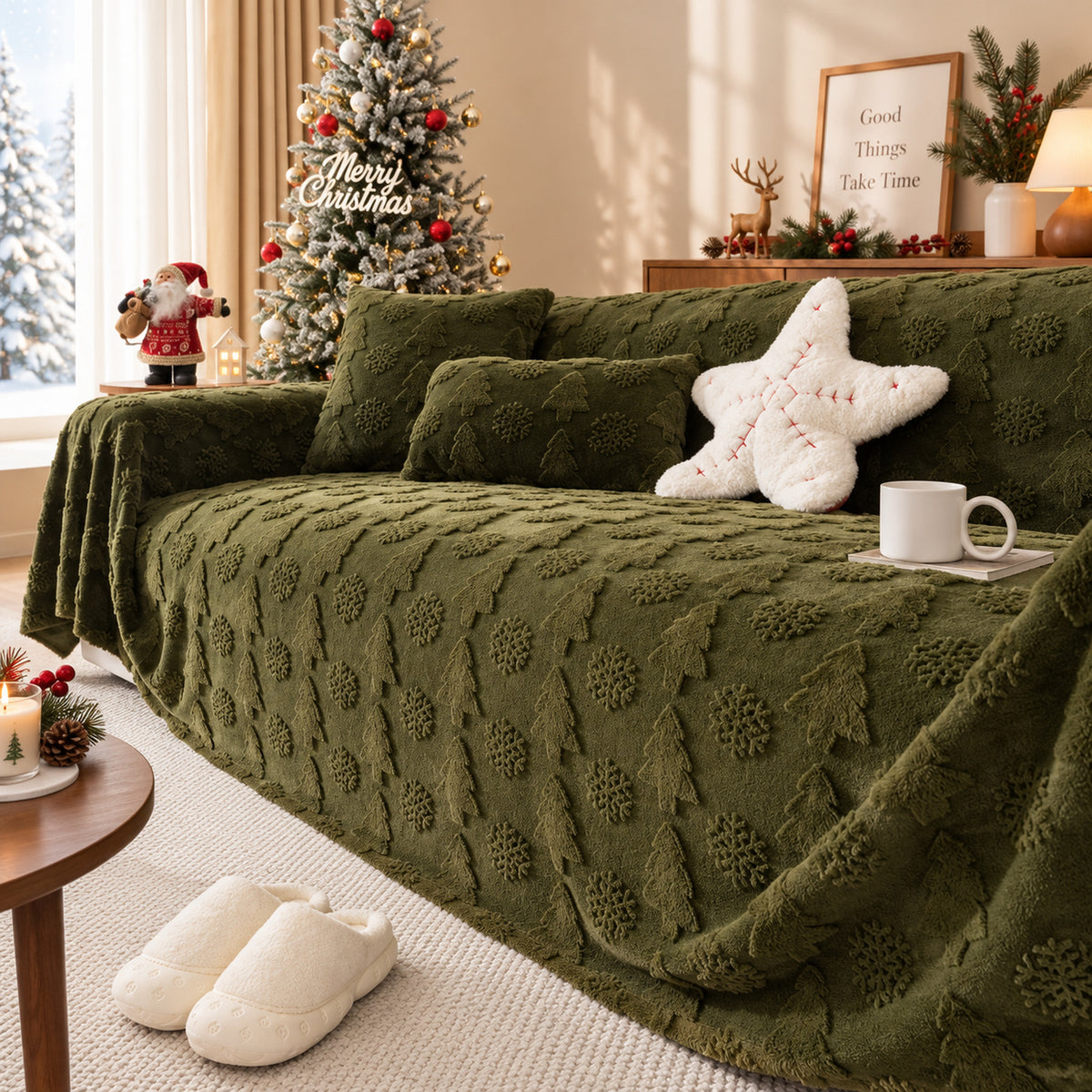 Christmas Sofa Cover | Plush Winter Sofa Throw with Raised Tree Pattern | Machine Washable