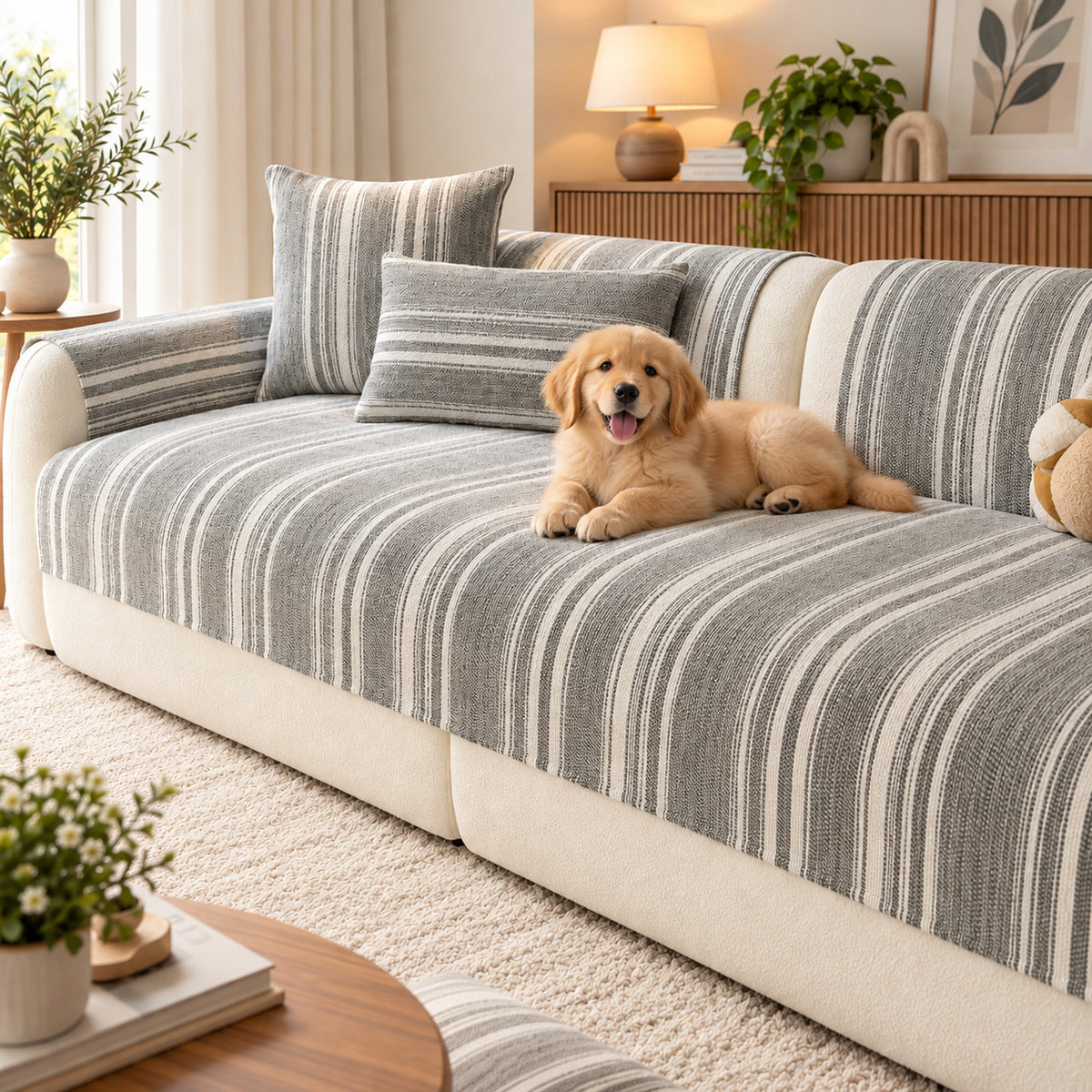 Striped Chenille Sofa Cover | Non-Slip Sofa Protector | Scratch-Resistant