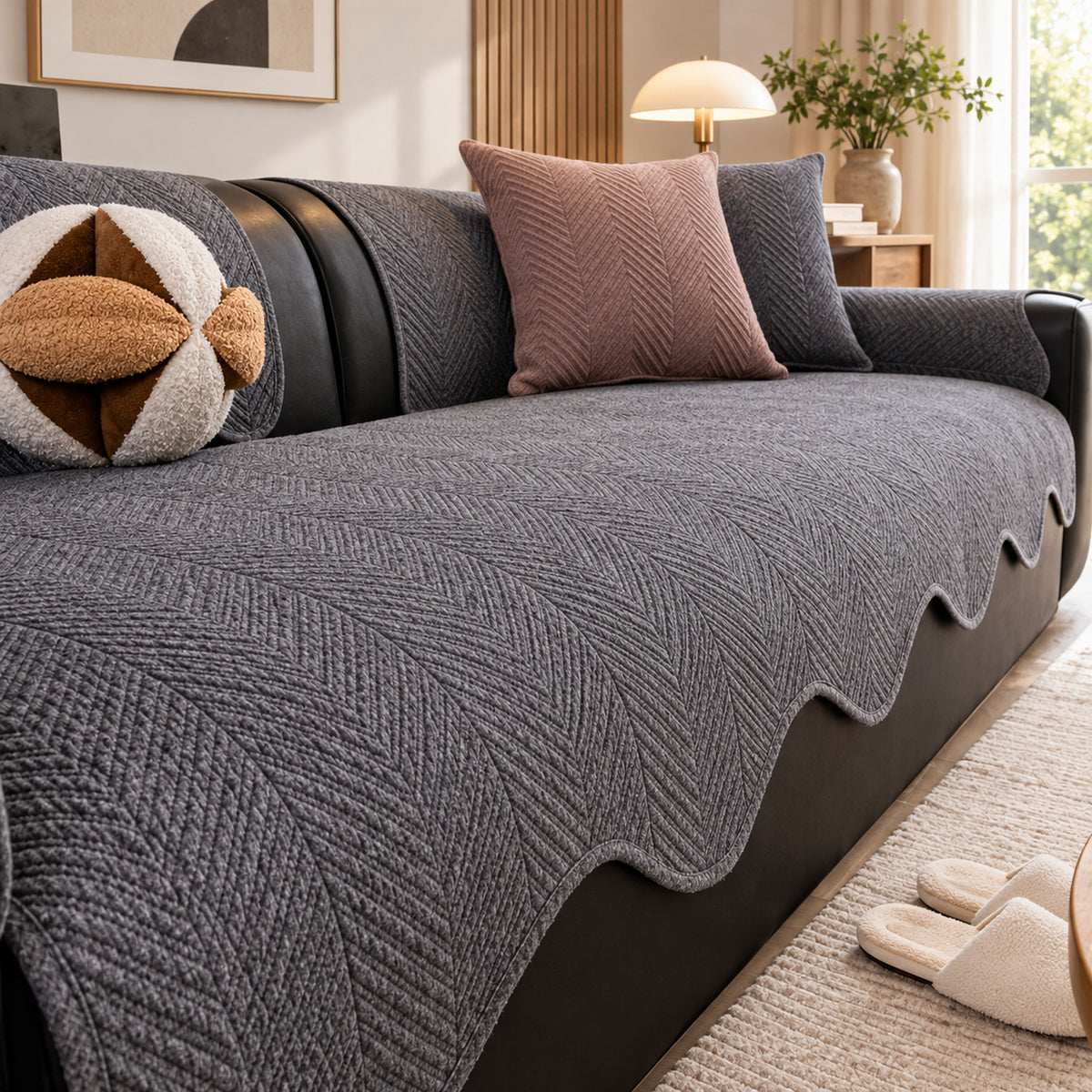 Cotton Herringbone Sofa Cover | Non-Slip Sofa Protector | Machine Washable