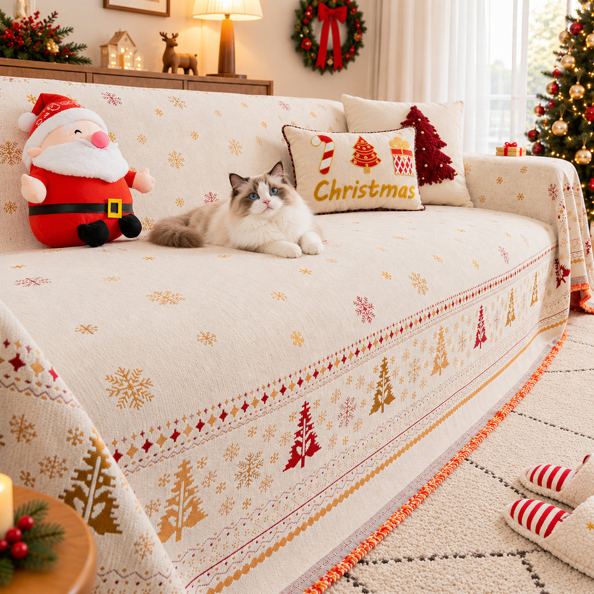 Christmas Sofa Throw | Non-Slip Chenille Sofa Cover | Machine Washable