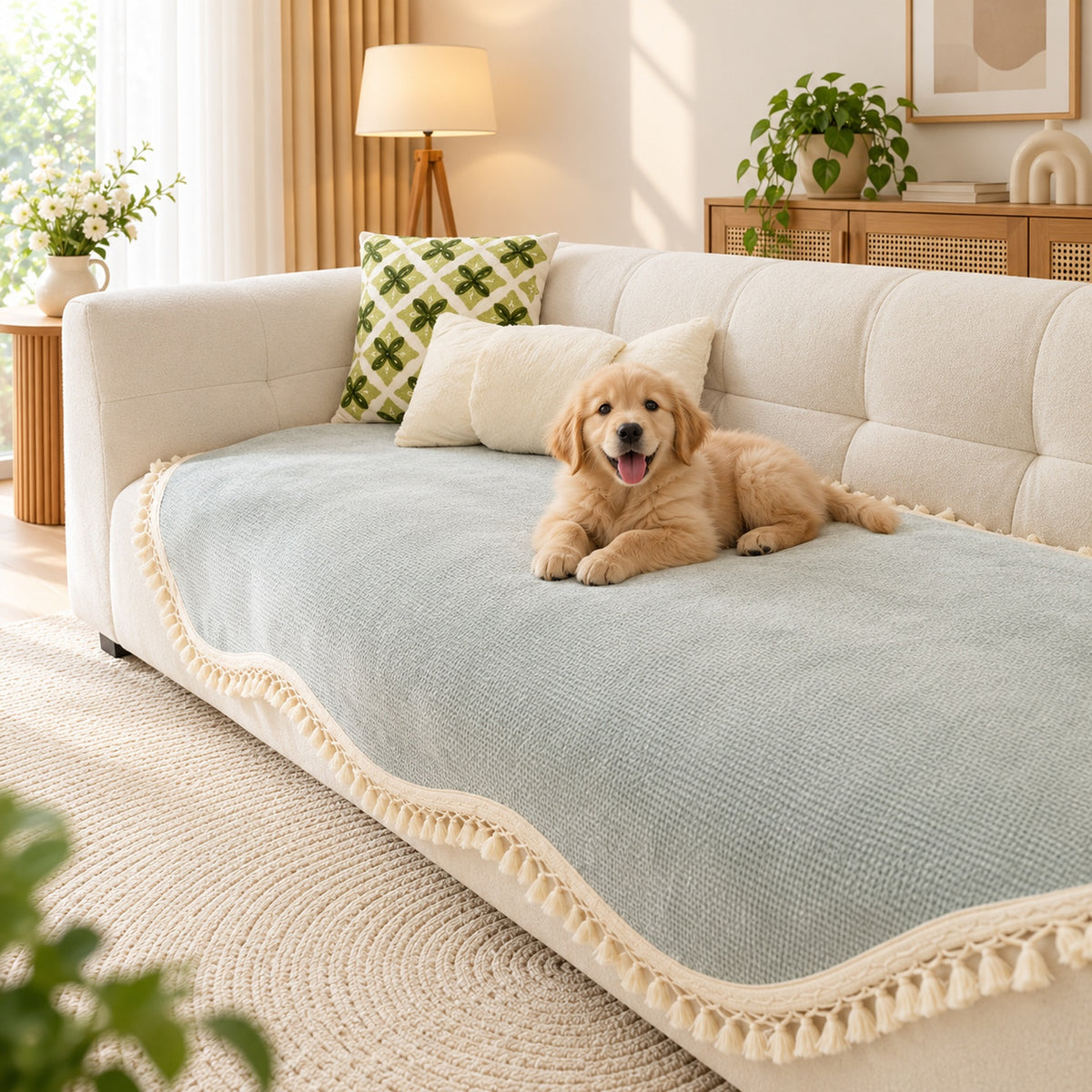 Chenille Sofa Cover | Non-Slip Washable | Sofa Protector with Tassels