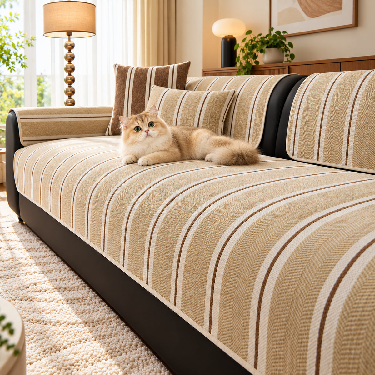 Chenille Sofa Cover | Striped Non-Slip Sofa Protector