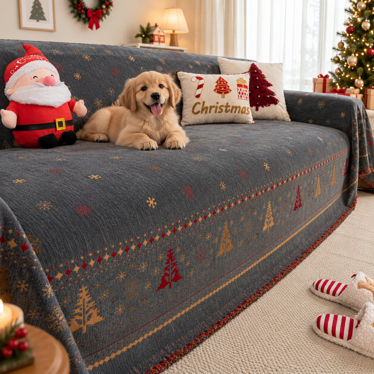 Christmas Sofa Throw | Non-Slip Chenille Sofa Cover | Machine Washable