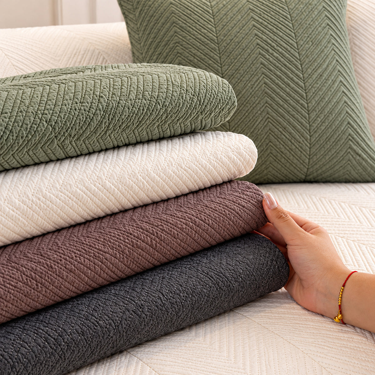Cotton Herringbone Sofa Cover | Non-Slip Sofa Protector | Machine Washable