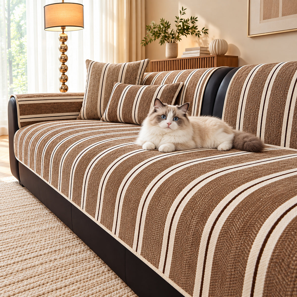 Chenille Sofa Cover | Striped Non-Slip Sofa Protector