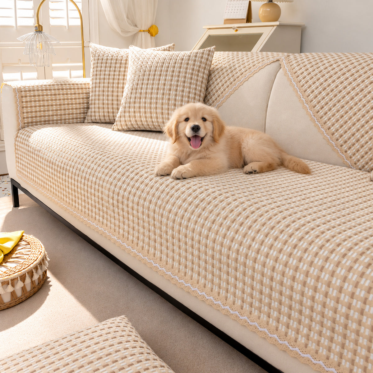 Cotton & Linen Lattice Sofa Cover | Non-Slip Washable | Sofa Protector