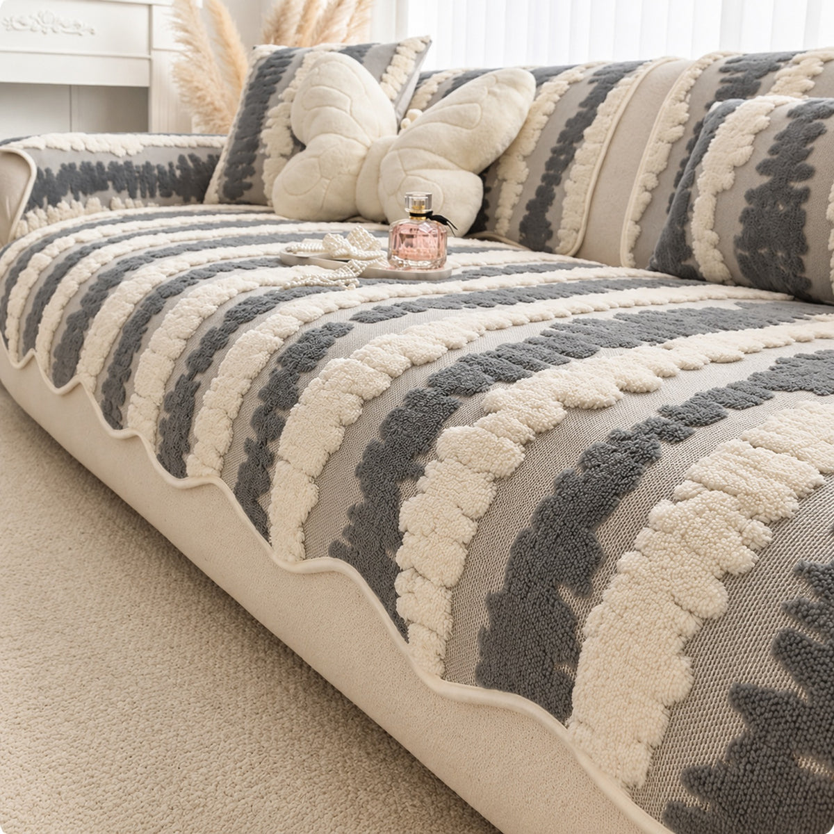 Plush Sofa Cover | Tufted Stripe Design | Non-Slip & Machine Washable